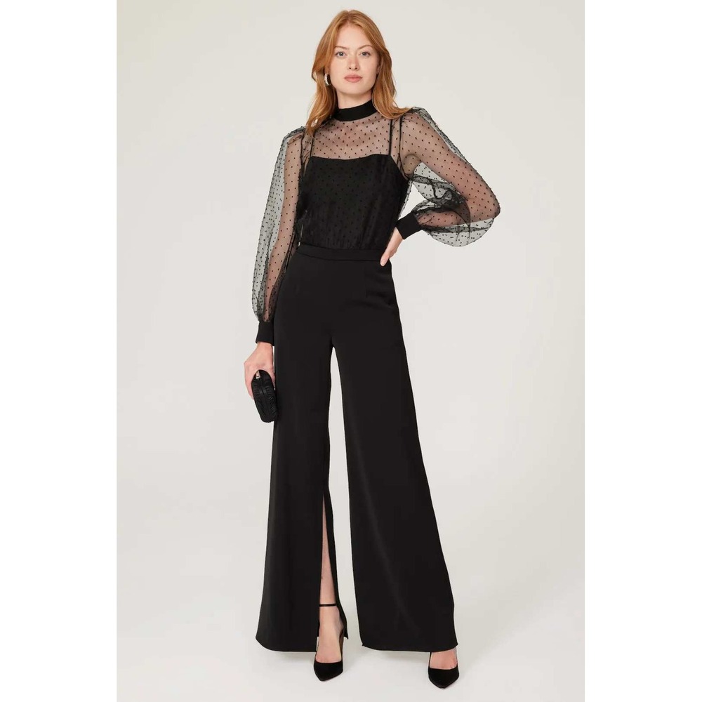 Black Halo Polka Dot Sheer Sleeve Jumpsuit Wide Leg Split Front Size 2